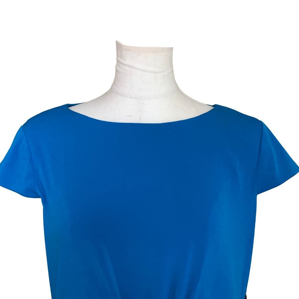 Anne Klein Dress Size 8 Blue Sheath Ruched Waist Cap Sleeve Knee Length Elegant - Picture 2 of 10